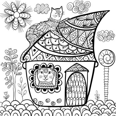 Yetişkinler ve çocuklar için Fantezi kedi evi boyama sayfası