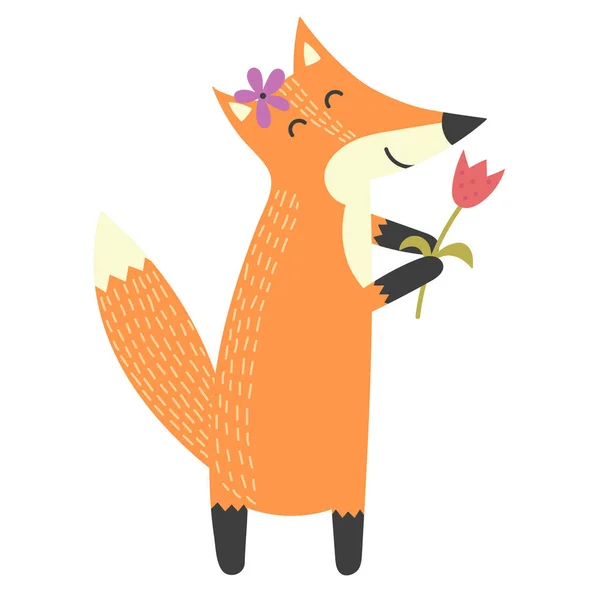 Funny isolated fox with a flower — Stock Vector