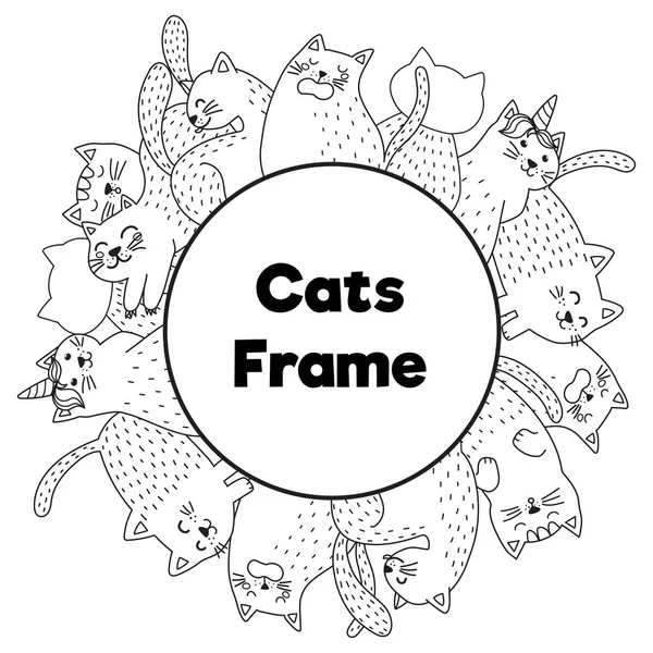 Frame with funny cats in coloring page style — Stock Vector