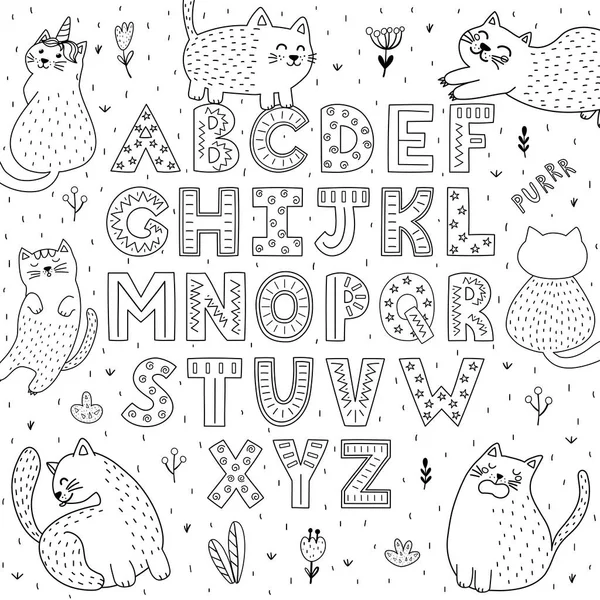 Alfabeto preto e branco com gatos engraçados. Abc página para colorir — Vetor de Stock