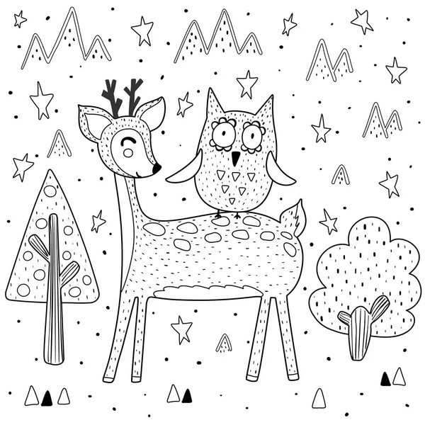 Migliori amici da colorare pagina con divertente cervo e gufo — Vettoriale Stock
