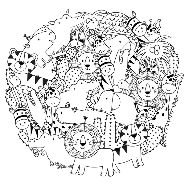 Coloriage en forme de cercle avec des animaux safari drôles — Image vectorielle