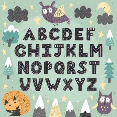Çocuklar için fantezi orman alfabesi. Awesome Abc posteri