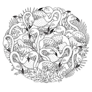 Komik flamingolar ile daire şekli boyama sayfası