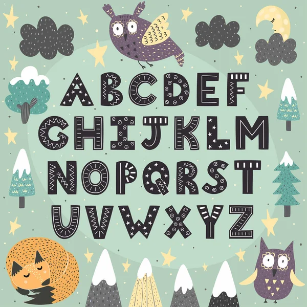 Φανταστικό δάσος αλφάβητο για τα παιδιά. Φοβερό ABC αφίσα — Διανυσματικό Αρχείο