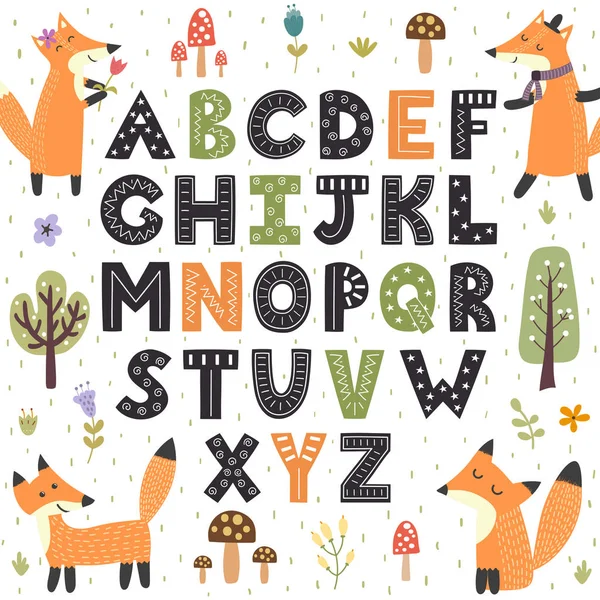 Alfabeto florestal com raposas fofas. Cartas desenhadas à mão de A a Z — Vetor de Stock