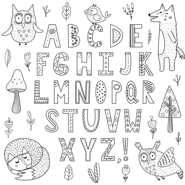 Czarno-biały alfabet ze zwierzętami leśnymi — Wektor stockowy