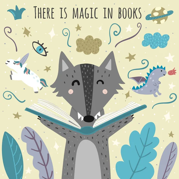 Hay magia en los libros impresionante tarjeta con lobo lindo — Archivo Imágenes Vectoriales