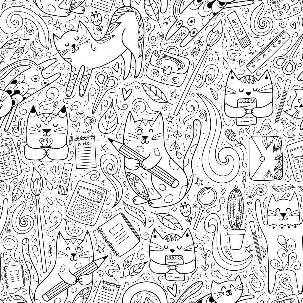 Cats go to school funny seamless pattern. Coloring page
