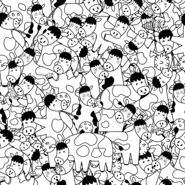 Black and white seamless pattern with funny cows clipart