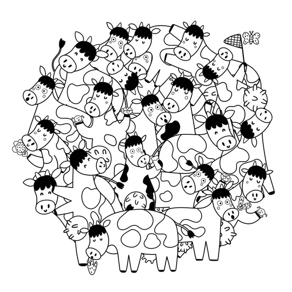 Patrón de forma de círculo con vacas lindas para colorear libro — Vector de stock