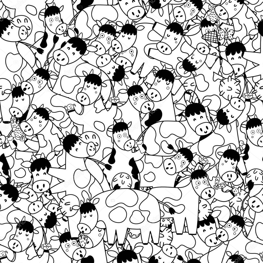 Black and white seamless pattern with funny cows