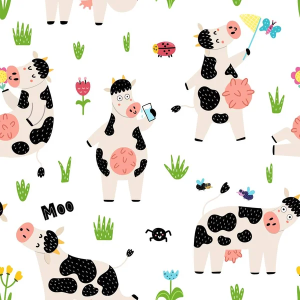 Lindo patrón de vacas sin costura — Vector de stock