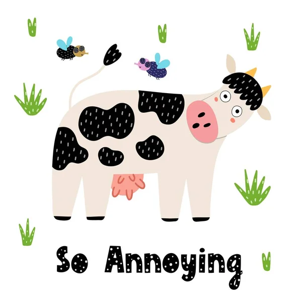 Vaca e moscas impressão engraçada. Cartão em estilo infantil —  Vetores de Stock