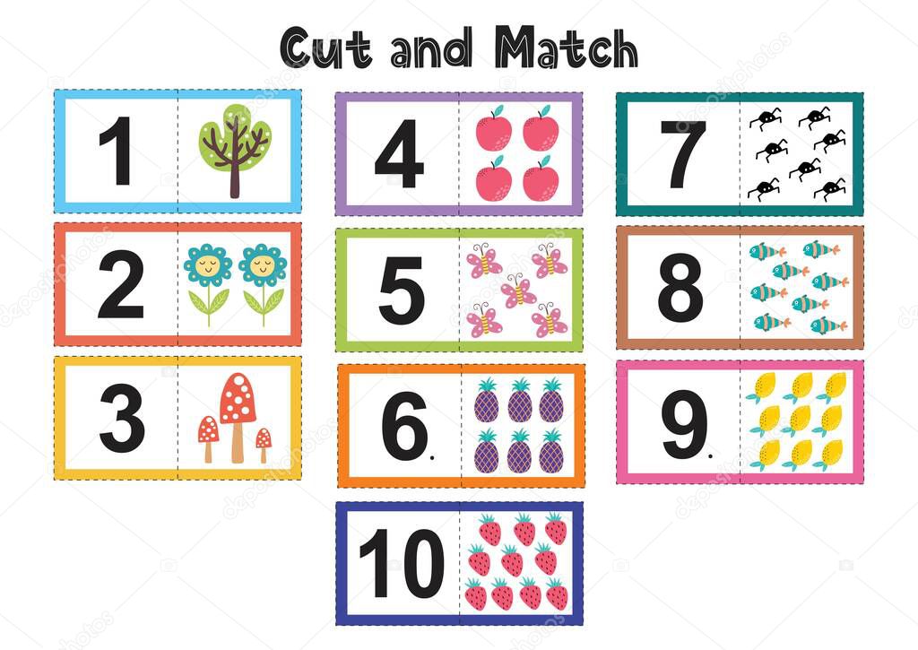 Numbers flash cards for kids. Cut and match pictures