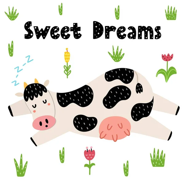 かわいい寝牛と甘い夢のカード — ストックベクタ