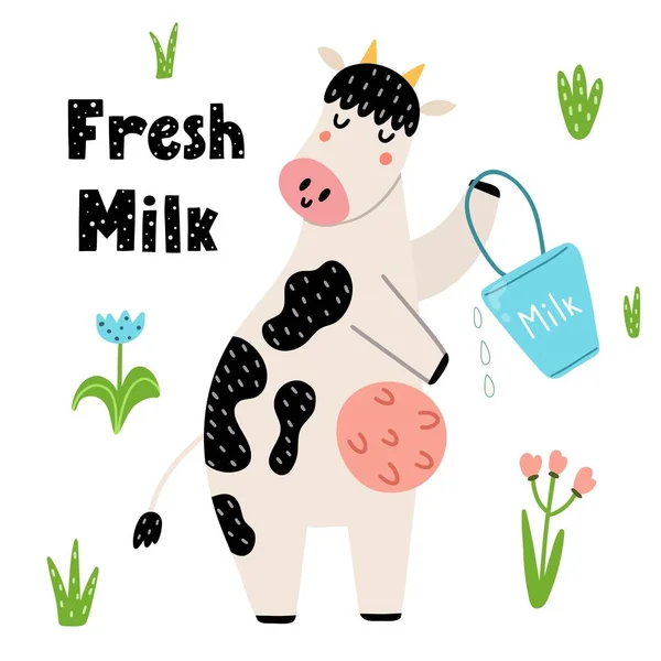 Lait frais impression drôle avec une vache mignonne avec un seau — Image vectorielle