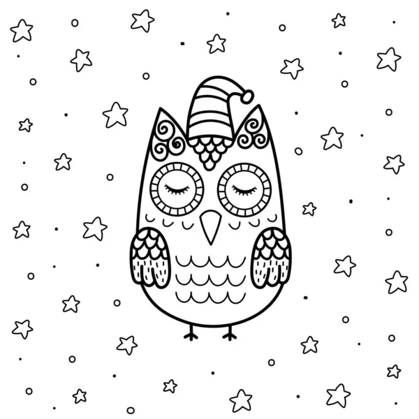 Lindo búho dormido en la página para colorear estilo zentangle para niños — Vector de stock