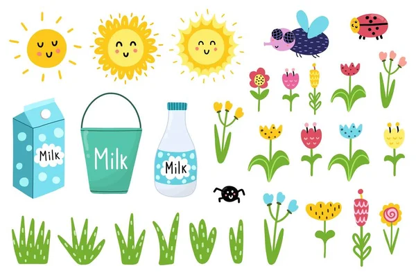 Clipart avec des éléments drôles - soleil, mouche, coccinelle, fleurs, lait — Image vectorielle