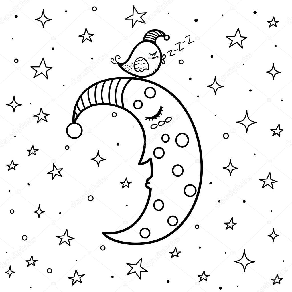 Coloring page with cute sleeping moon and a bird