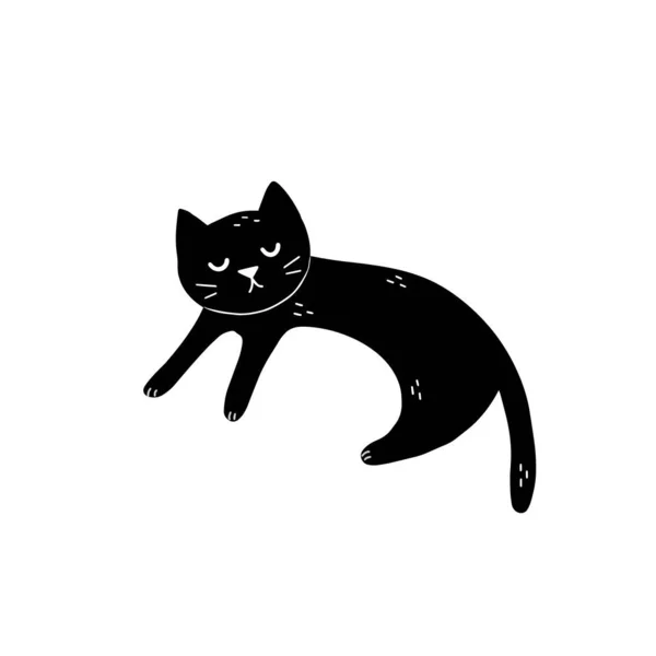 Söt sovande svart katt isolerat element. Feline karaktär. Roligt tryck för barn design — Stock vektor