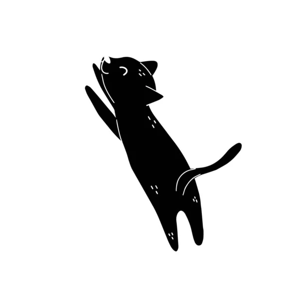 Симпатичный черный кот растягивает изолированный элемент. Кошачий персонаж. Смешной отпечаток для детского дизайна — стоковый вектор
