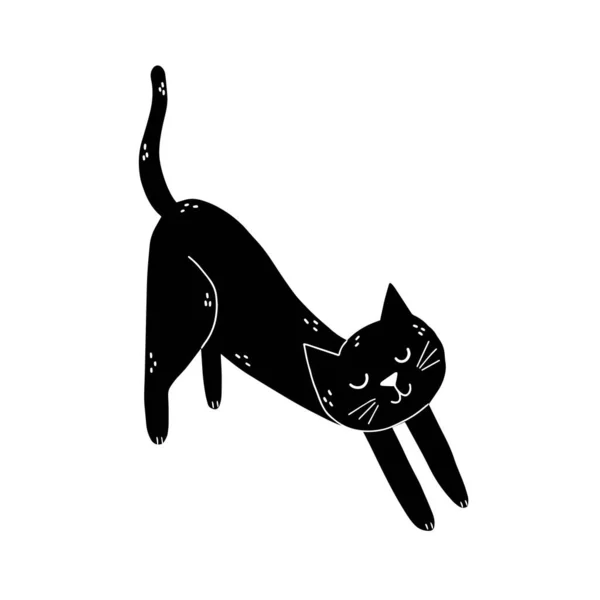 Mignon chat noir étirement élément isolé. Caractère félin — Image vectorielle