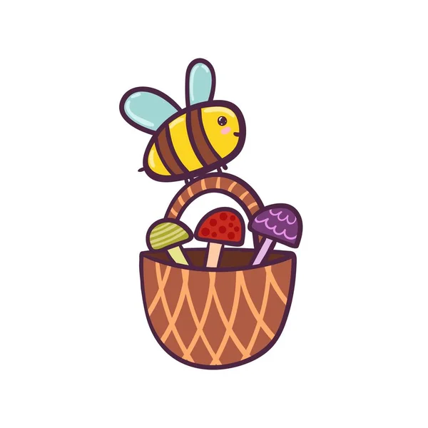 Χαρούμενη ιπτάμενη μέλισσα μεταφέρει ένα καλάθι με μανιτάρια. Αστείος χαρακτήρας για το παιδικό σχέδιο — Διανυσματικό Αρχείο