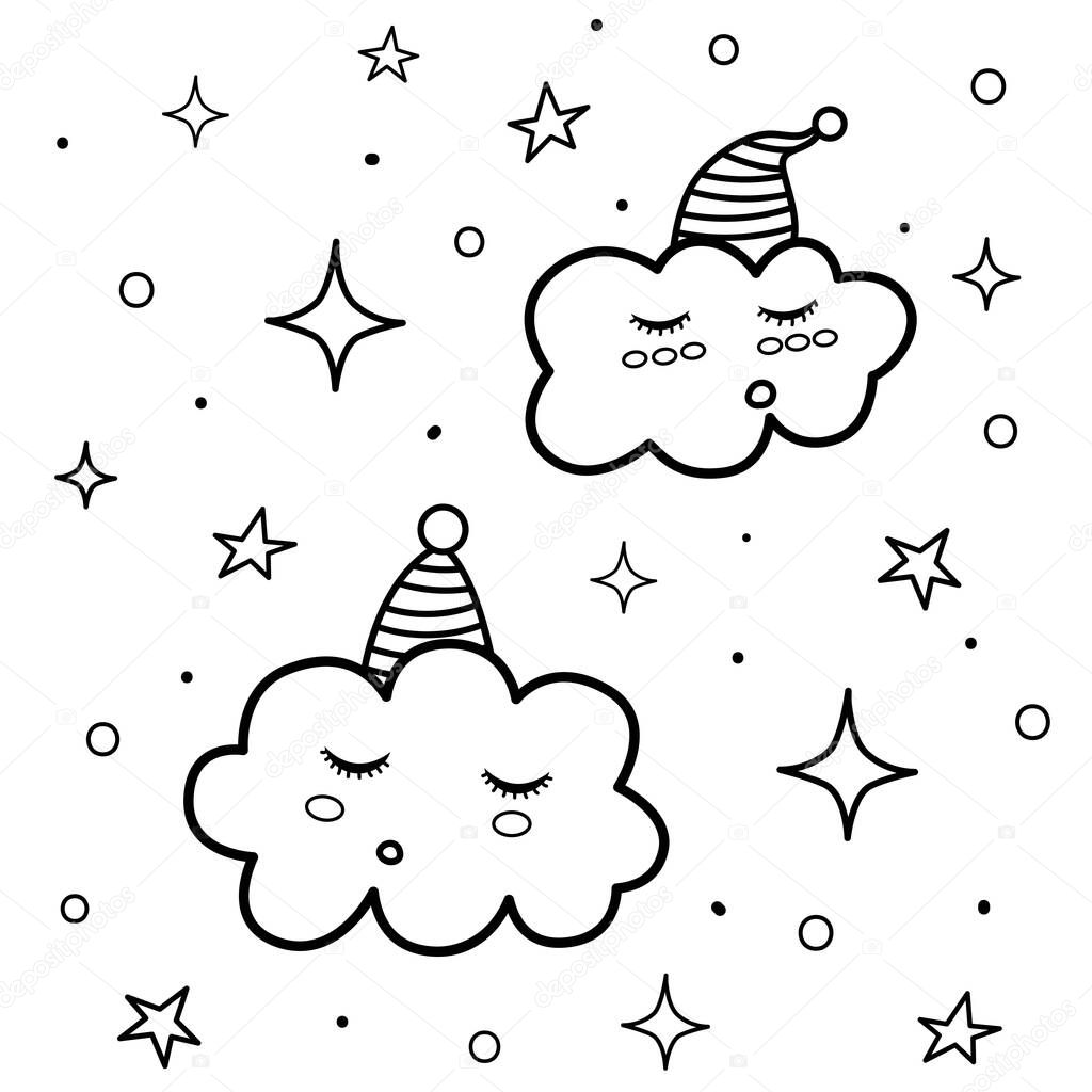 Cute sleeping clouds coloring page. Black and white print with funny characters