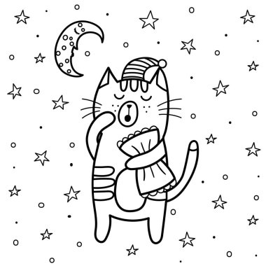 Uyuyan kedi boyama sayfası. İyi geceler, ay ve yıldızlarla boyama kitabı