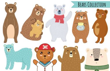 Ayılar çizgi film tarzında dizilmiş. Beyaz arka planda izole edilmiş şirin orman hayvan koleksiyonu.