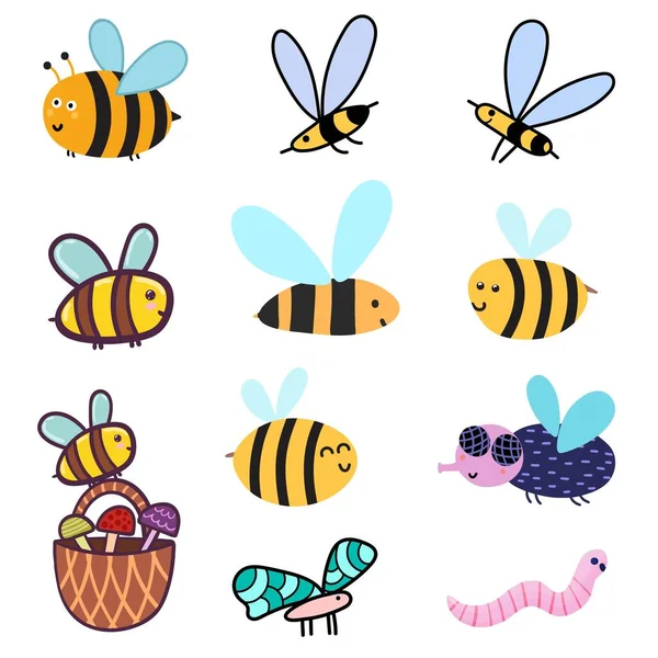 Belle api pronte. Pacchetto Clipart con divertenti insetti colorati api, mosche, vermi — Vettoriale Stock