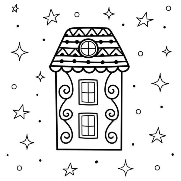 Doodle rumah ajaib di halaman mewarnai malam. Mimpi indah kartu hitam dan putih - Stok Vektor