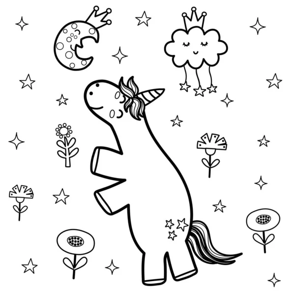 Carino unicorno e luna dormiente colorazione pagina. Fantasy libro da colorare — Vettoriale Stock