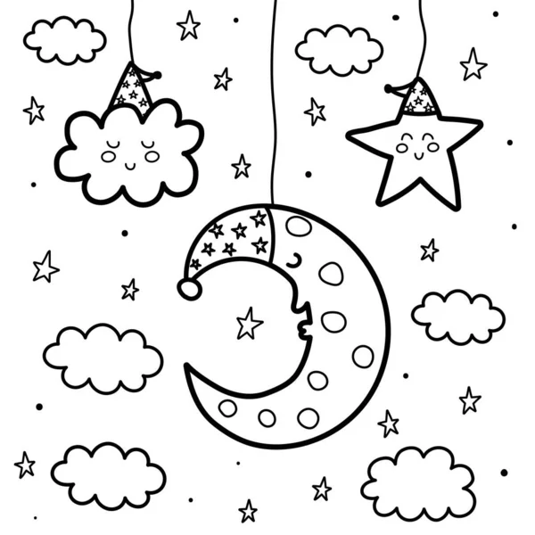 Luna addormentata e stella di notte colorazione pagina. Dolci sogni in bianco e nero card — Vettoriale Stock