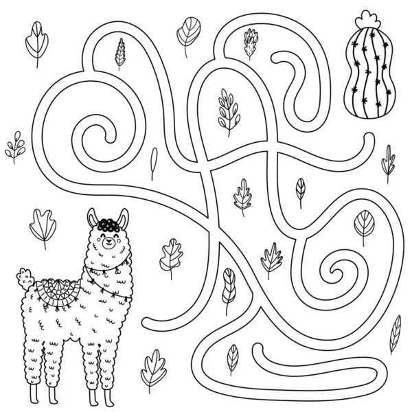 Aiuta il lama carino per arrivare al cactus. Gioco labirinto in bianco e nero per bambini — Vettoriale Stock