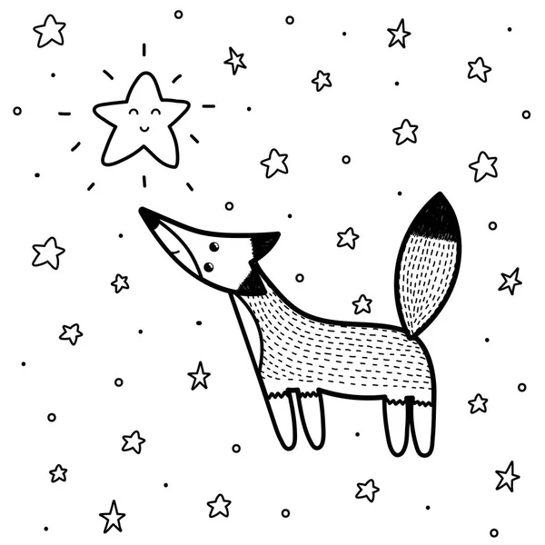 Cute fox looking at the star coloring page. Fantasy background for coloring book — Stock Vector