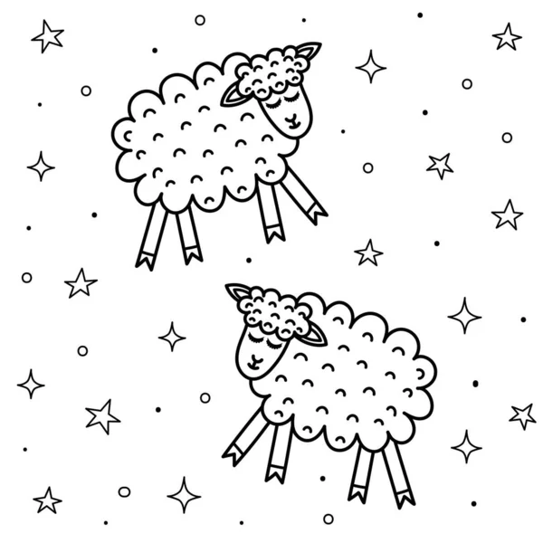 Carino pecore addormentate di notte da colorare pagina. Conteggio delle pecore sfondo bianco e nero — Vettoriale Stock