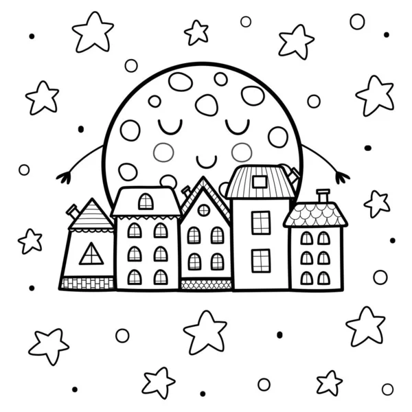 Jolie lune endormie et nuit ville paysage coloriage page. Bonne nuit fond — Image vectorielle