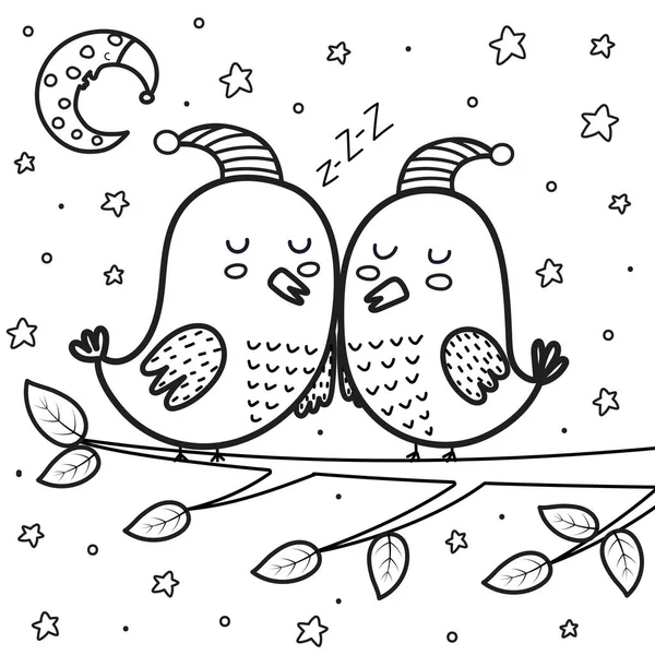 Pássaros adormecidos bonitos na página de coloração da noite. Lua e estrelas preto e branco fundo —  Vetores de Stock