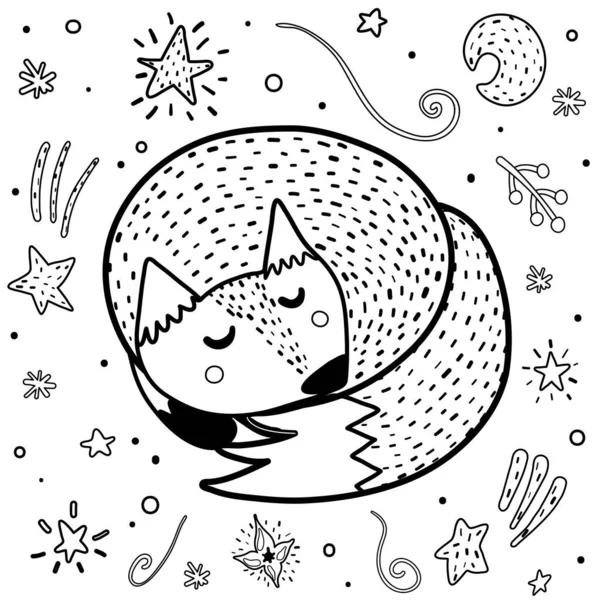 Cute sleeping fox coloring page. Black and white print with funny animals — Stock Vector