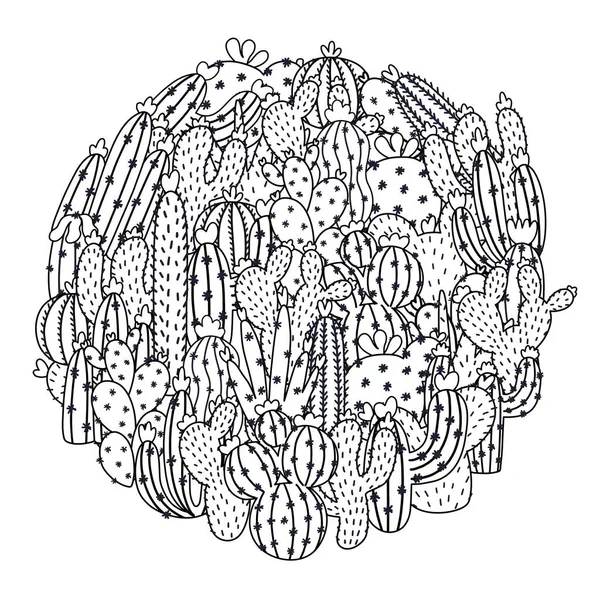 Doodle kaktus bentuk lingkaran pola untuk buku mewarnai. Cetak lezat hitam dan putih - Stok Vektor