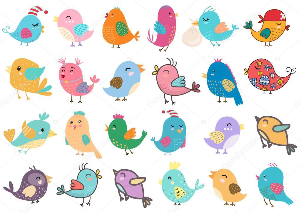 Cute birds big set. Clipart bundle with funny colorful birds. Isolated elements collection for baby and kids design. Vector illustration