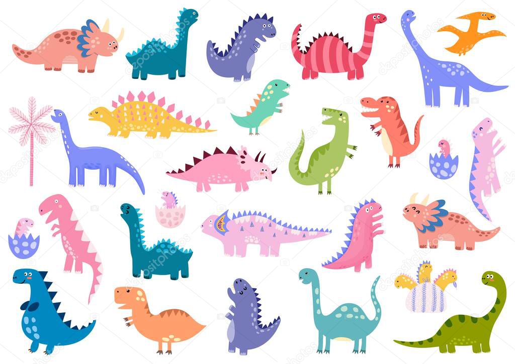 Cute dinosaurs big bundle. Dino set. Collection with Tyrannosaurus rex, Stegosaurus, Pterosaurs, Triceratops and more. Baby dinos in eggs. Vector illustration
