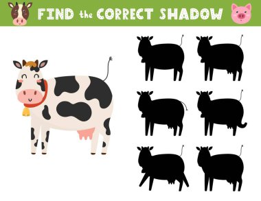 Şirin bir ineği olan çocuklar için doğru gölge aktivite sayfasını bul. Bir çiftlik karakteriyle gölge eşleştirme oyunu. Vektör illüstrasyonu