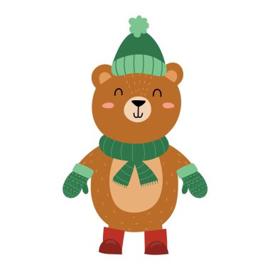 Beyaz arka planda izole edilmiş kışlık giysiler giyen sevimli ayı. Çocuk tasarımı için çizgi film tarzında sevimli bir Noel karakteri. Boz ayı yavrusu. Vektör illüstrasyonu