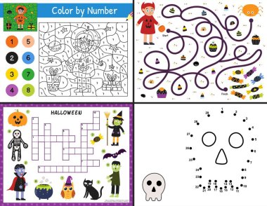 Cadılar Bayramı etkinlik sayfaları çocuklar için. US Letter formatında komik oyunlar koleksiyonu. Rakamlara göre renk, noktadan noktaya, labirent ve bulmaca şablonları ürkütücü karakterlerle dolu. Vektör illüstrasyonu