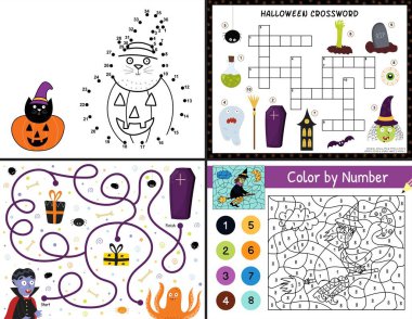 Cadılar Bayramı etkinlik sayfaları çocuklar için. US Letter formatında komik oyunlar koleksiyonu. Rakamlara göre renk, noktadan noktaya, labirent ve bulmaca şablonları ürkütücü karakterlerle dolu. Vektör illüstrasyonu