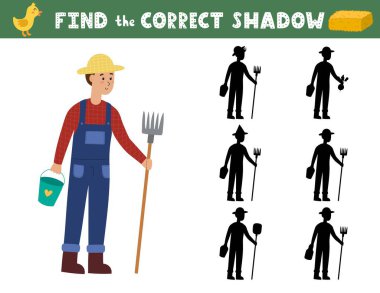 Çiftçisi olan çocuklar için doğru gölge aktivite sayfasını bul. Bir çiftlik karakteriyle gölge eşleştirme oyunu. Vektör illüstrasyonu