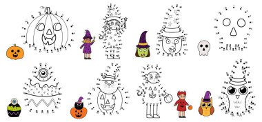 Cadılar Bayramı noktasından nokta oyunlarına. Noktaları birleştir ve sevimli Cadılar Bayramı karakterleri çiz. Çocuklar için hazırlanmış eğitici aktivite sayfaları. Vektör illüstrasyonu